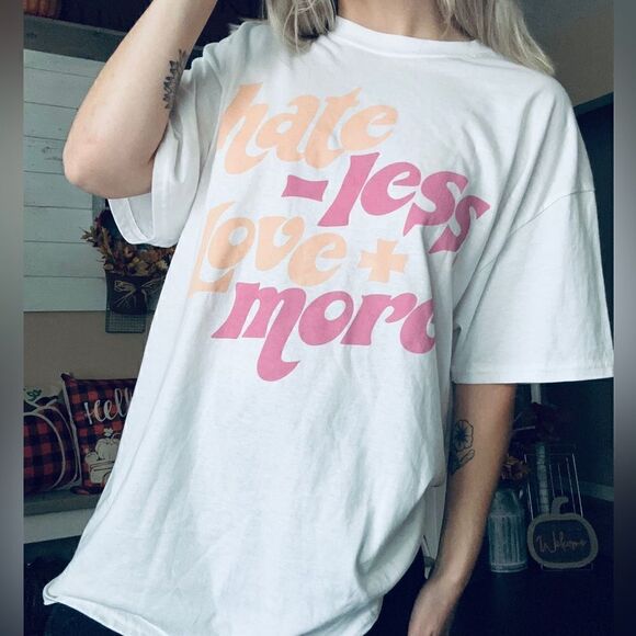 Love Tribe Hate Less & Love More Retro Bohemian Oversized T Shirt - Picture 2 of 7